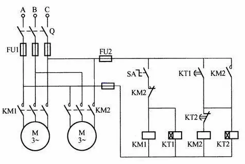 兩臺電機定時交替工作的控制電路圖